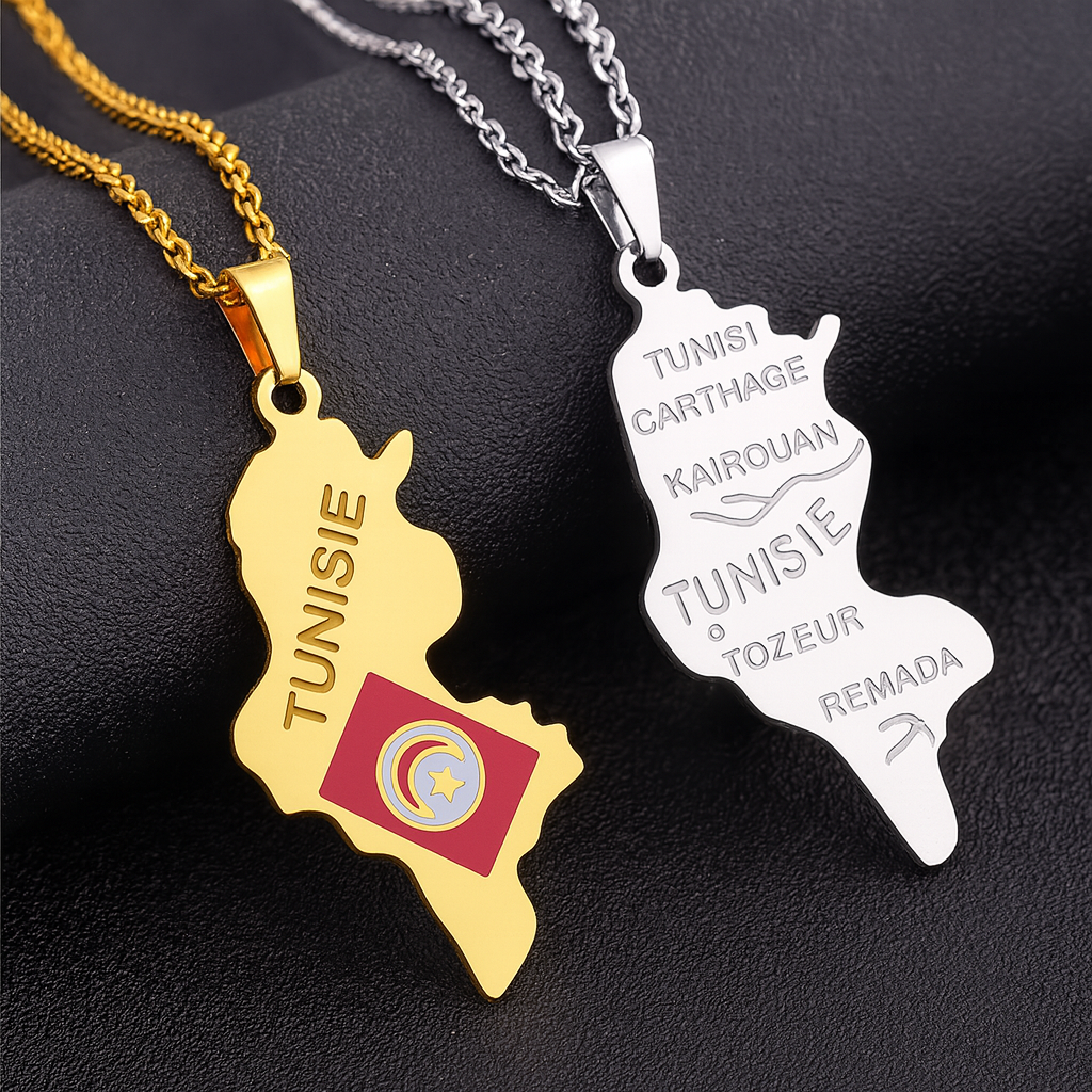 Tunisia Map Necklace – Gold & Silver Pendant with Chain