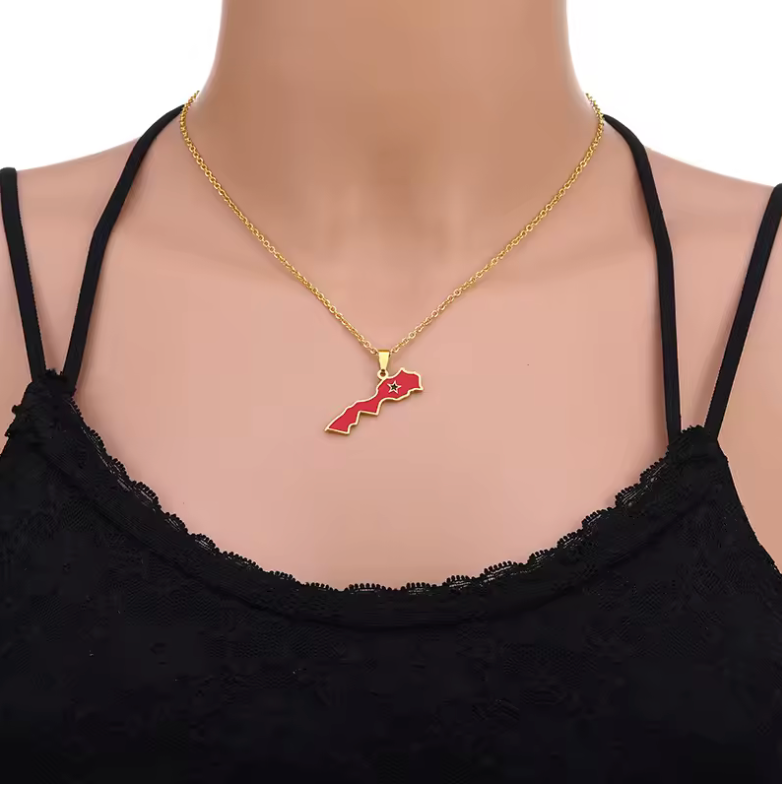 Morocco Map Pendant Necklace – Gold & Silver Flag Edition