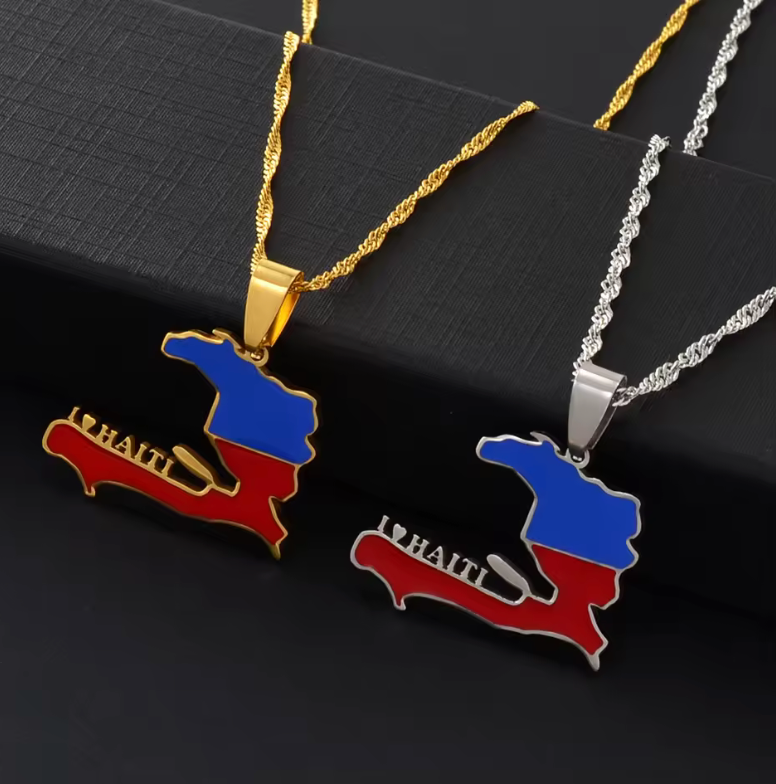 Haiti Map Pendant Necklace – Gold & Silver Finish Flag Design