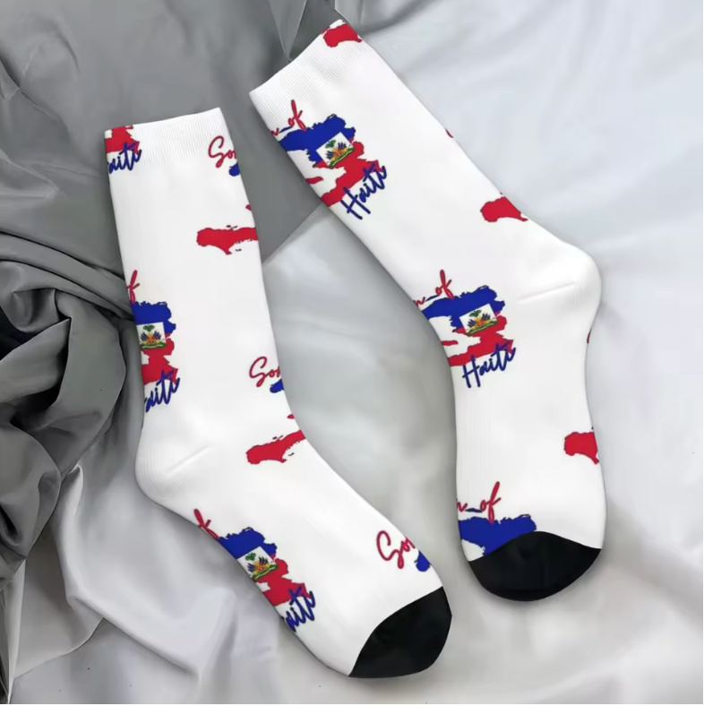 Haiti Pride Crew Socks – White Map & Flag Pattern Design