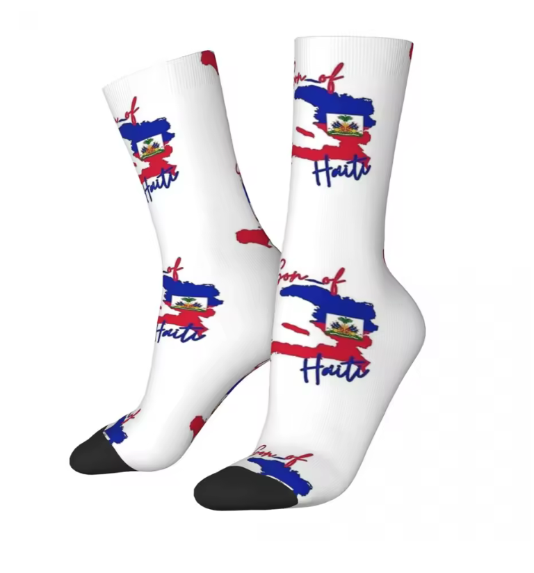 Haiti Pride Crew Socks – White Map & Flag Pattern Design