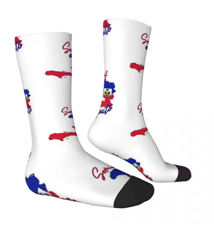 Haiti Pride Crew Socks – White Map & Flag Pattern Design