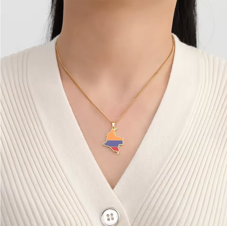 Colombia Map Pendant Necklace – Gold-Tone Flag Outline Chain