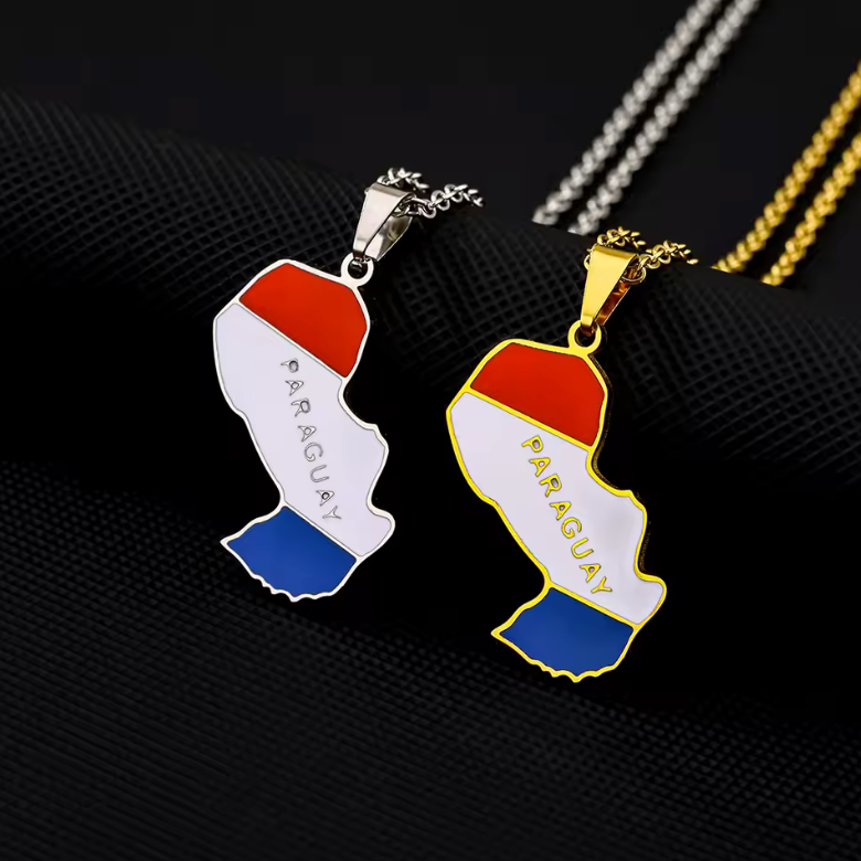 Paraguay Map Pendant Necklace – Gold & Silver Flag Design
