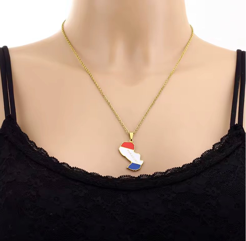 Paraguay Map Pendant Necklace – Gold & Silver Flag Design