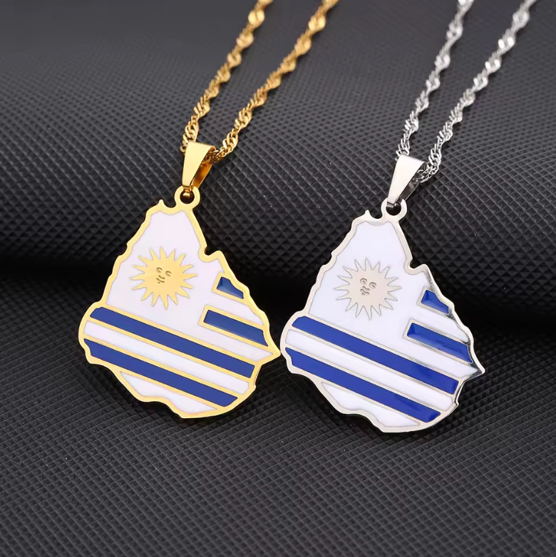 Uruguay Map Pendant Necklace – La Celeste Flag Design (Gold & Silver)