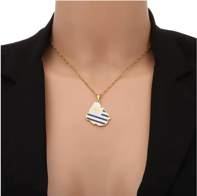 Uruguay Map Pendant Necklace – La Celeste Flag Design (Gold & Silver)