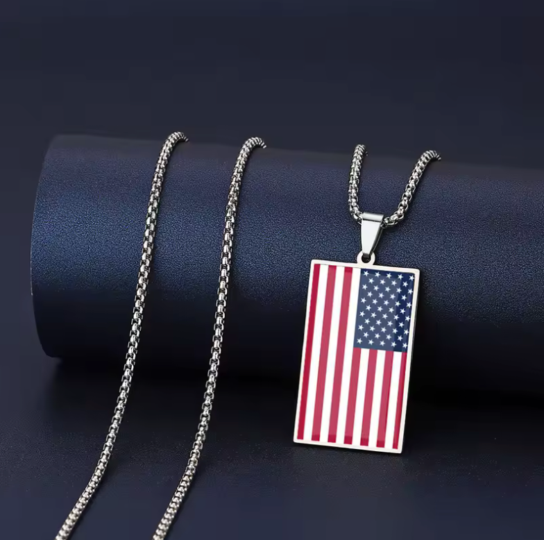 USA Flag Pendant Necklace – Stainless Steel American Flag Chain