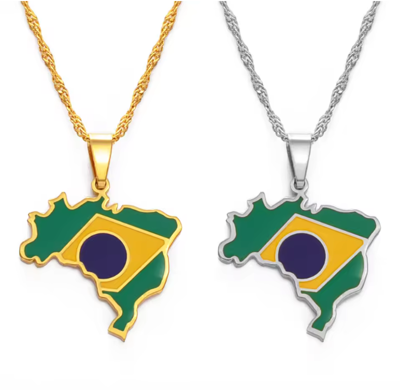 Brazil Map Flag Necklace – Gold & Silver Pendant Chain