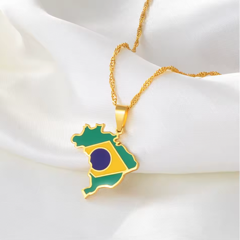 Brazil Map Flag Necklace – Gold & Silver Pendant Chain