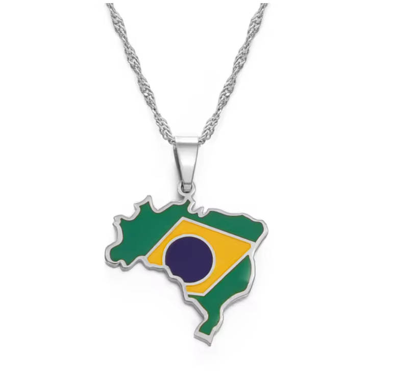 Brazil Map Flag Necklace – Gold & Silver Pendant Chain
