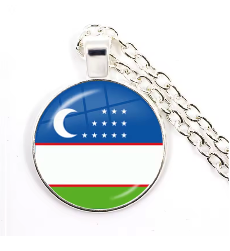 Uzbekistan Flag Round Pendant Necklace – Silver Chain National Pride Jewelry