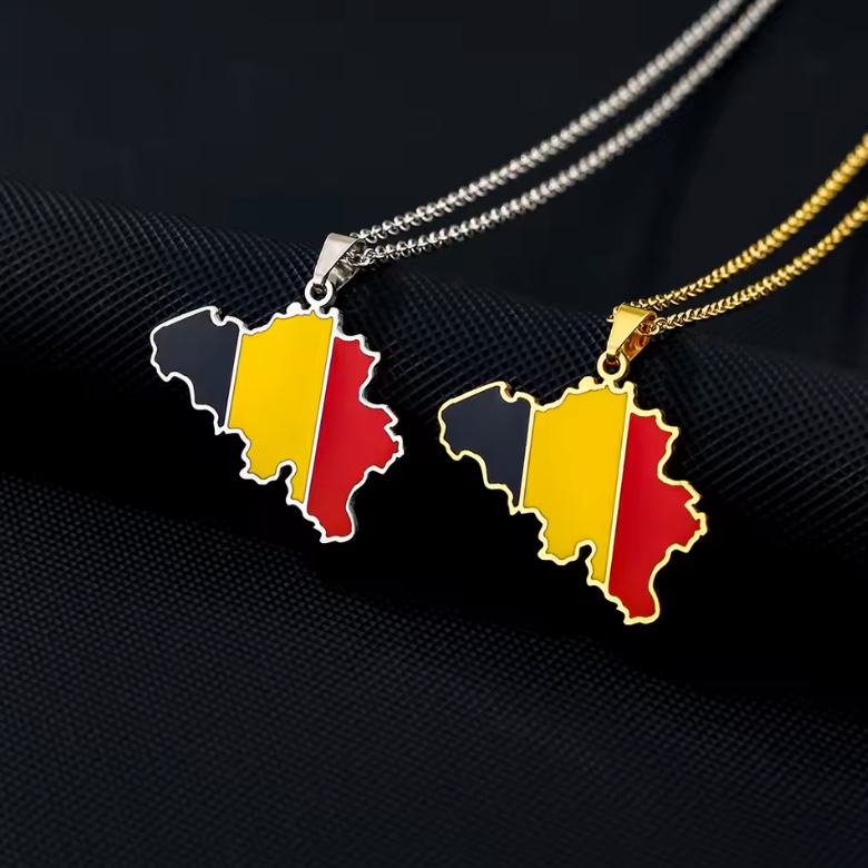 Belgium Map Pendant Necklace – Gold & Silver National Flag Design