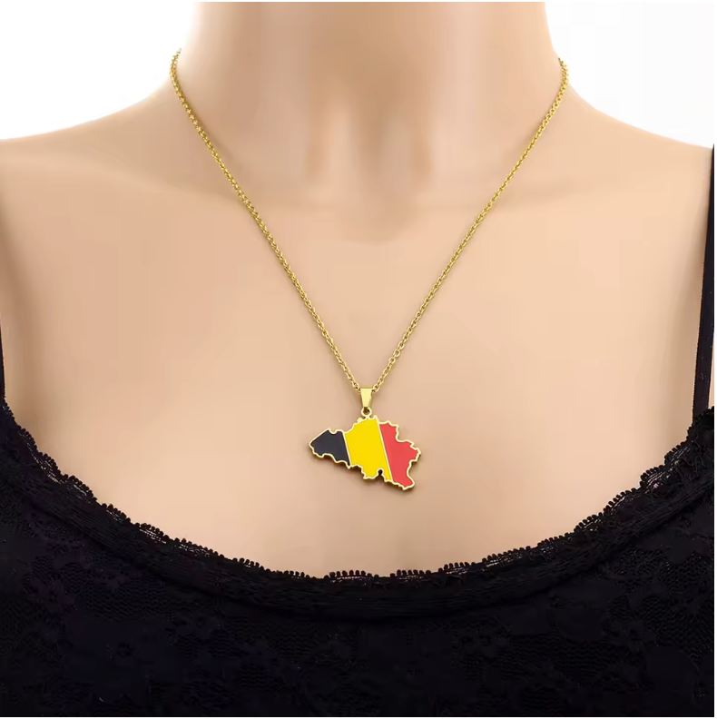 Belgium Map Pendant Necklace – Gold & Silver National Flag Design