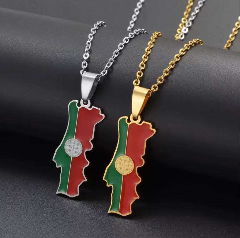 Portugal Map Pendant Necklace – Gold & Silver Flag Design