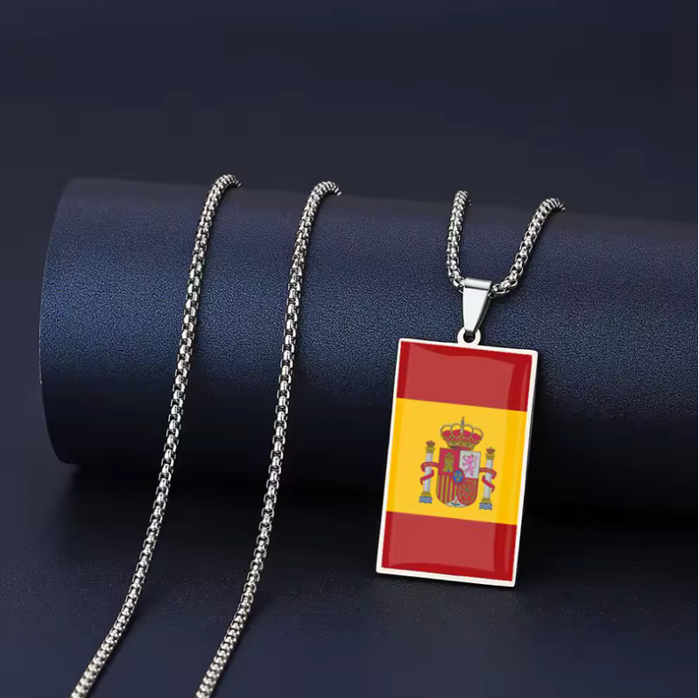 Spain Flag Rectangle Pendant Necklace – Silver-Tone Chain