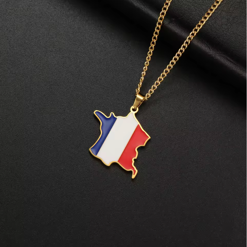 France Map Pendant Necklace – Gold & Silver Finish | Tricolor Flag Design