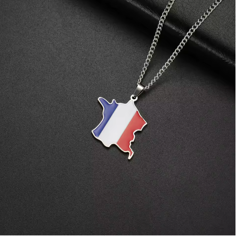 France Map Pendant Necklace – Gold & Silver Finish | Tricolor Flag Design