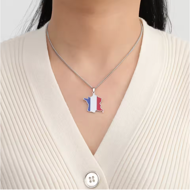 France Map Pendant Necklace – Gold & Silver Finish | Tricolor Flag Design