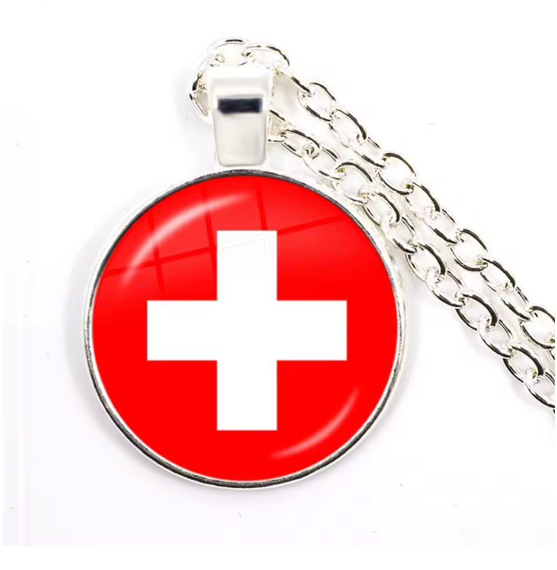 Swiss Flag Round Pendant Necklace – Gold or Silver Finish