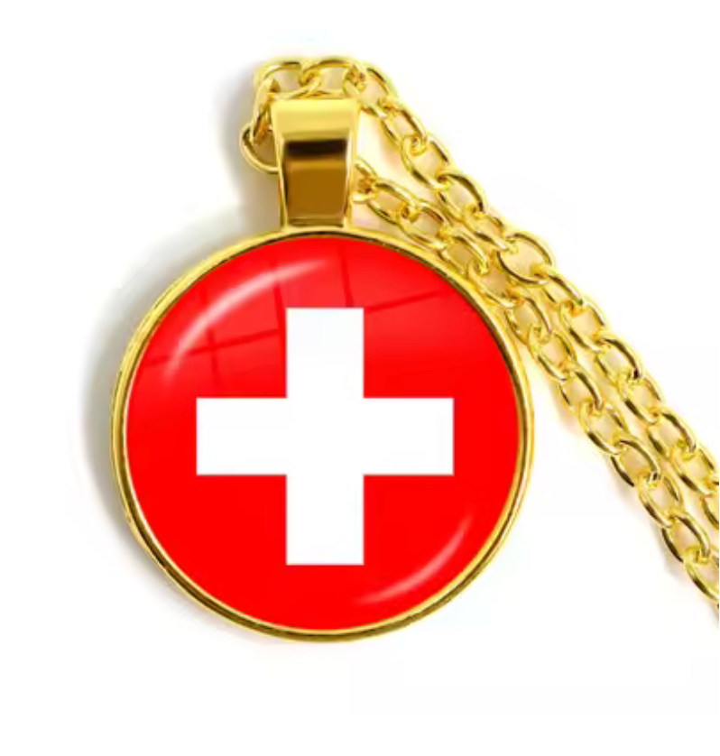 Swiss Flag Round Pendant Necklace – Gold or Silver Finish
