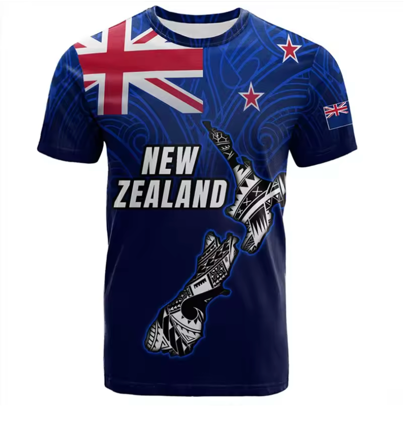 New Zealand Heritage Graphic T-Shirt – All-Over Flag & Map Design