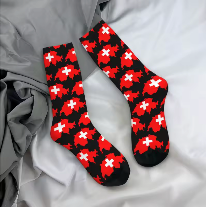 Swiss Map Crew Socks – Red & White Cross Pattern | Unisex