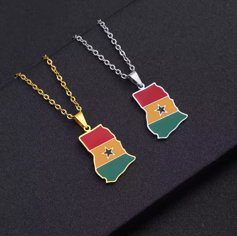 Ghana Map Pendant Necklace – Gold-Tone Flag Design