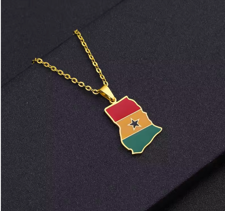 Ghana Map Pendant Necklace – Gold-Tone Flag Design