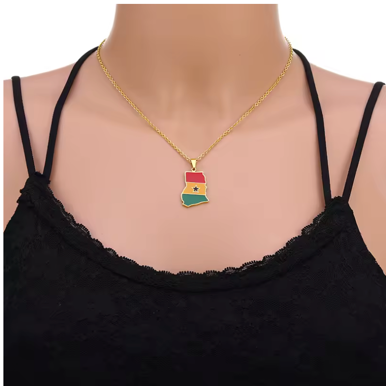 Ghana Map Pendant Necklace – Gold-Tone Flag Design