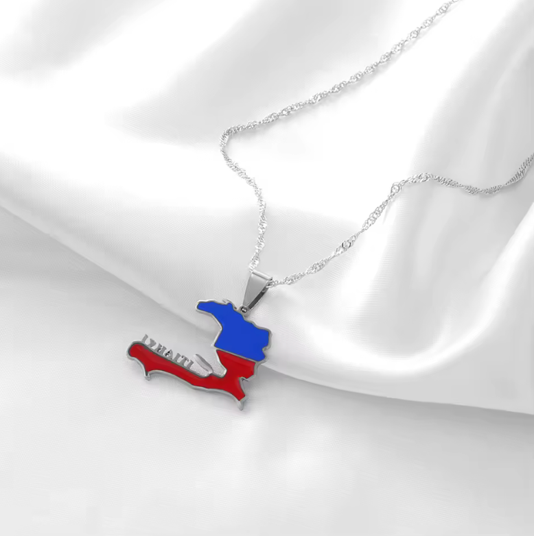Haiti Map Pendant Necklace – Gold & Silver Finish Flag Design